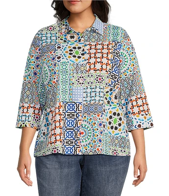 Foxcroft Plus Size Kelly Woven Patchwork Print Point Collar 3/4 Sleeve High-Low Hem Button-Front Shirt