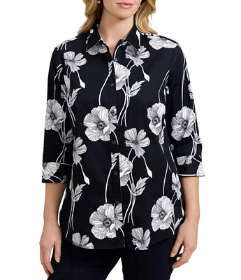 Foxcroft Plus Size Margie Cotton Sateen Wrinkle Free Floral Point Collar 3/4 Sleeve Button Front Shirt