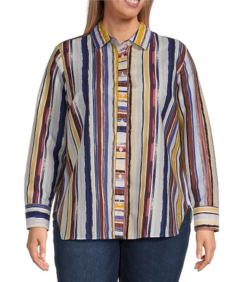 Foxcroft Plus Size Meghan Cotton Poplin Watercolor Stripe Point Collar Long Sleeve Button Front Shirt