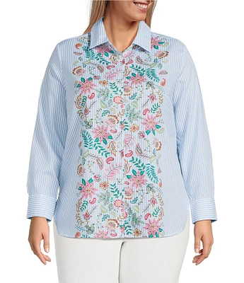 Foxcroft Plus Size Meghan Floral Stripe Point Collar Long Sleeve Button Front Shirt