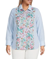 Foxcroft Plus Size Meghan Floral Stripe Point Collar Long Sleeve Button Front Shirt
