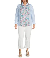 Foxcroft Plus Size Meghan Floral Stripe Point Collar Long Sleeve Button Front Shirt