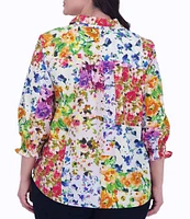 Foxcroft Plus Size Oliva Floral Print Point Collar 3/4 Sleeve Button Front Top