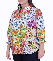 Foxcroft Plus Size Oliva Floral Print Point Collar 3/4 Sleeve Button Front Top