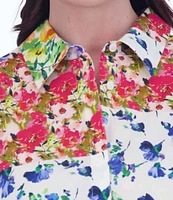 Foxcroft Plus Size Oliva Floral Print Point Collar 3/4 Sleeve Button Front Top