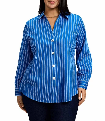 Foxcroft Plus Size Paityn Stripe Point Collar Long Sleeve Button-Front Shirt