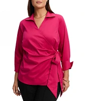 Foxcroft Plus Size Salina Stretch Solid Collared Long Sleeve Wrap Top