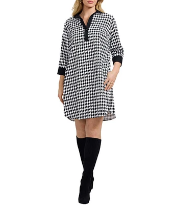 Foxcroft Plus Size Sloane Cotton Sateen Houndstooth Wrinkle Free Notch Collar 3/4 Sleeve Shift Dress