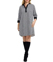 Foxcroft Plus Size Sloane Cotton Sateen Houndstooth Wrinkle Free Notch Collar 3/4 Sleeve Shift Dress