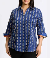 Foxcroft Plus Size Taylor Chain Stripe Print Wrinkle Free Cotton Sateen 3/4 Sleeve Button-Front Shirt