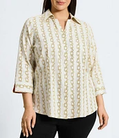 Foxcroft Plus Size Taylor Chain Stripe Print Wrinkle Free Cotton Sateen 3/4 Sleeve Button-Front Shirt