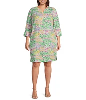 Foxcroft Plus Size Vena Floral Collage V-Neck 3/4 Sleeve Shift Dress