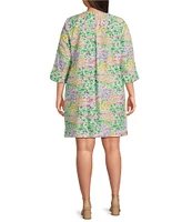 Foxcroft Plus Size Vena Floral Collage V-Neck 3/4 Sleeve Shift Dress