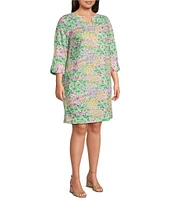 Foxcroft Plus Size Vena Floral Collage V-Neck 3/4 Sleeve Shift Dress