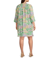 Foxcroft Plus Size Vena Floral Collage V-Neck 3/4 Sleeve Shift Dress