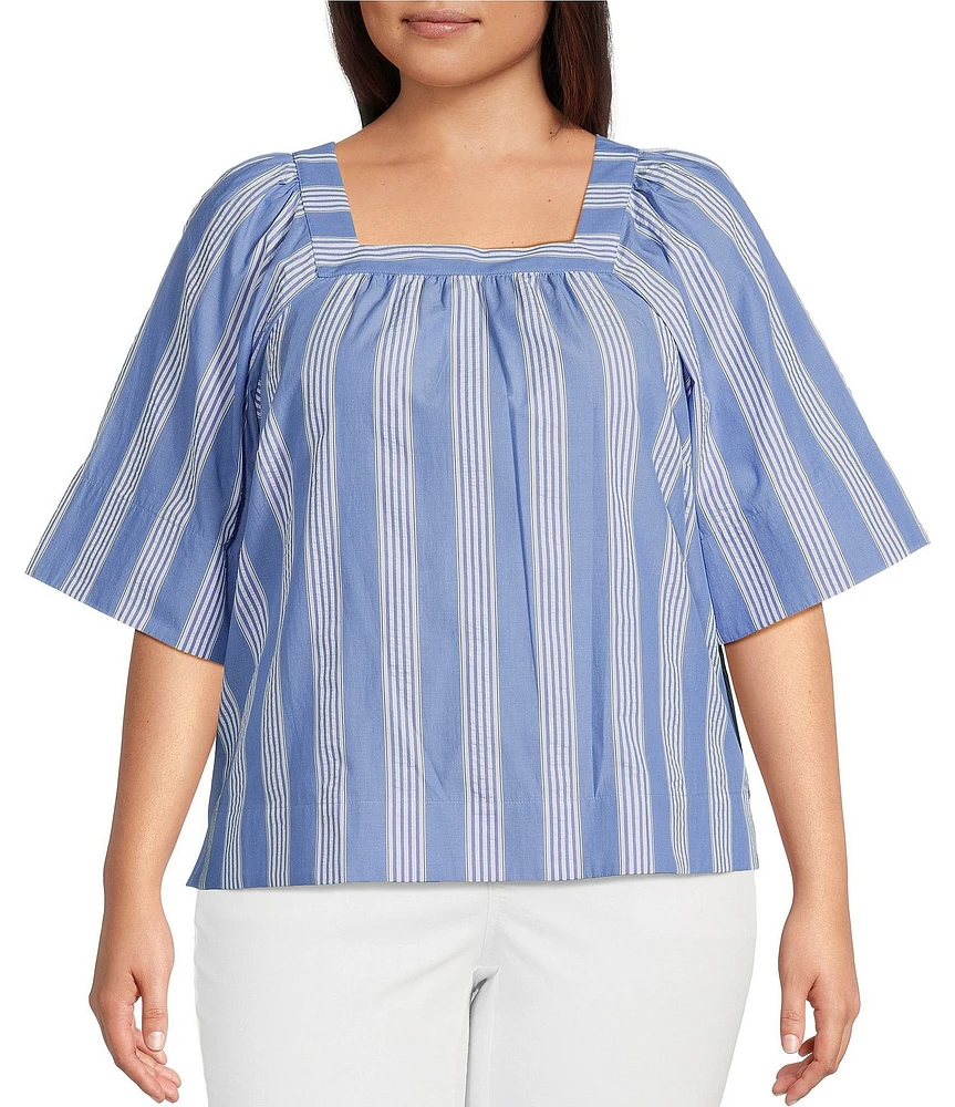 Foxcroft Plus Size Violet Cotton Square Neck Elbow Sleeve Top