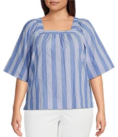 Foxcroft Plus Size Violet Cotton Square Neck Elbow Sleeve Top