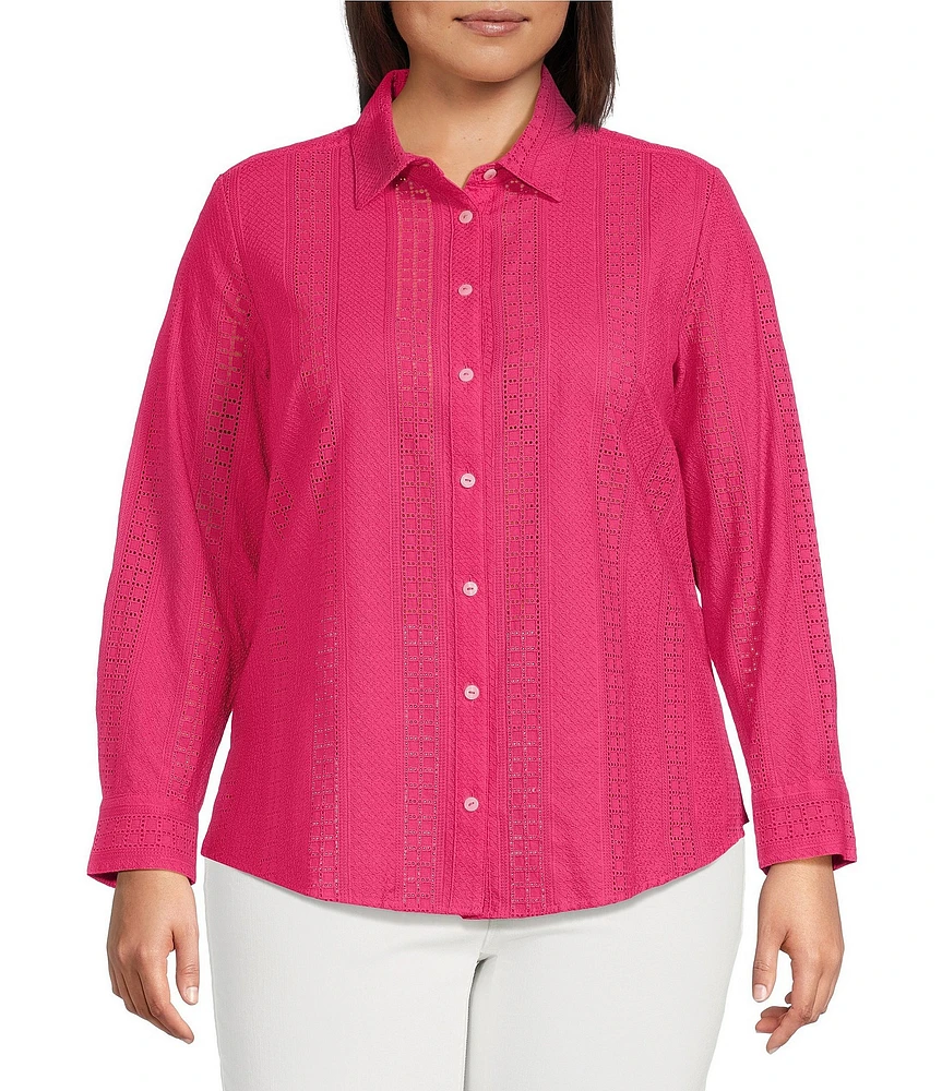 Foxcroft Plus Size Zoey Cotton Eyelet Long Sleeve Button Front Shirt