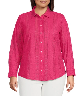 Foxcroft Plus Size Zoey Cotton Eyelet Long Sleeve Button Front Shirt