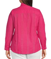 Foxcroft Plus Size Zoey Cotton Eyelet Long Sleeve Button Front Shirt