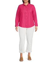 Foxcroft Plus Size Zoey Cotton Eyelet Long Sleeve Button Front Shirt