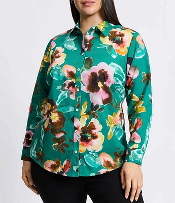 Foxcroft Plus Size Zoey Watercolor Floral Point Collar Long Sleeve Shirt