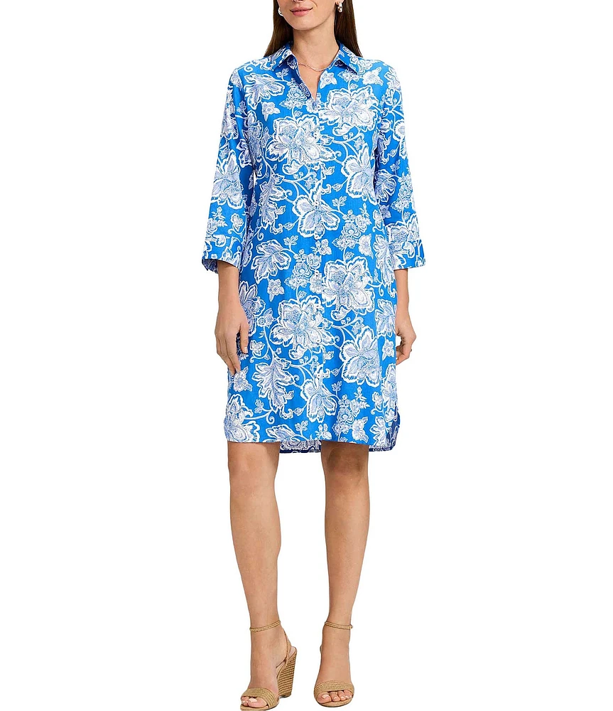 Foxcroft Rocca Cotton Sateen Floral Collage Print Point Collar 3/4 Sleeve Button-Front Shirt Dress