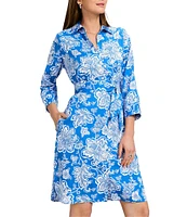 Foxcroft Rocca Cotton Sateen Floral Collage Print Point Collar 3/4 Sleeve Button-Front Shirt Dress