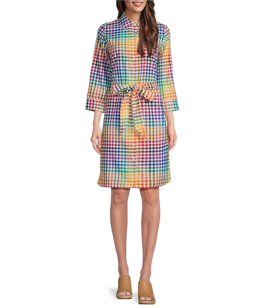 Foxcroft Rocca Rainbow Gingham Point Collar 3/4 Sleeve Tie Waist Dress