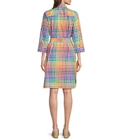 Foxcroft Rocca Rainbow Gingham Point Collar 3/4 Sleeve Tie Waist Dress