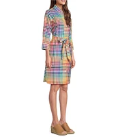 Foxcroft Rocca Rainbow Gingham Point Collar 3/4 Sleeve Tie Waist Dress