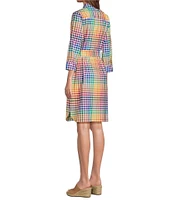 Foxcroft Rocca Rainbow Gingham Point Collar 3/4 Sleeve Tie Waist Dress