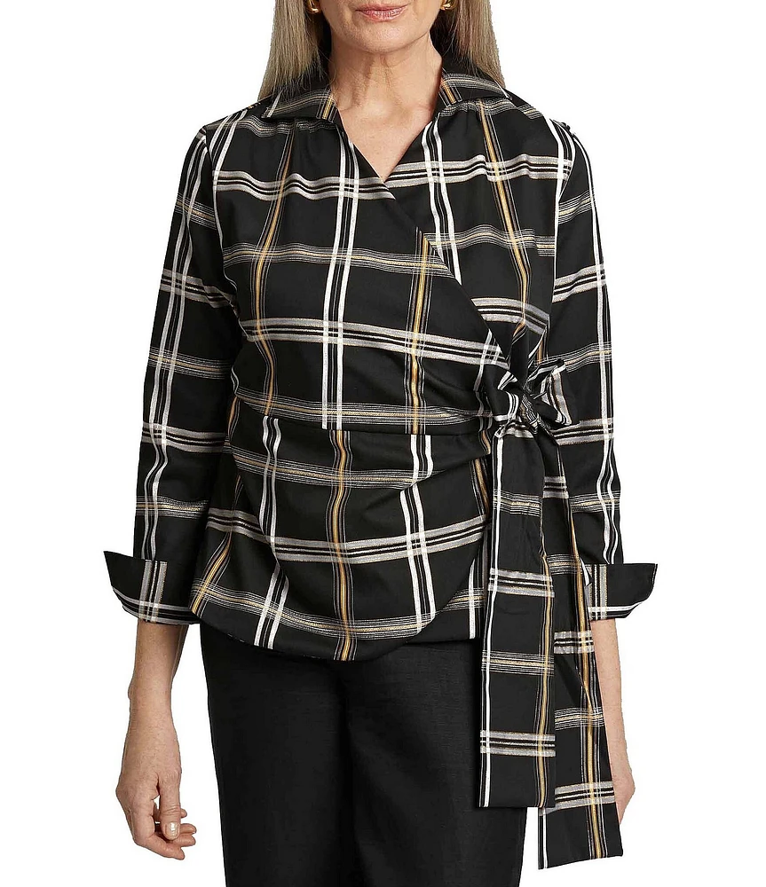 Foxcroft Salina Stretch Plaid Collared Long Sleeve Wrap Top