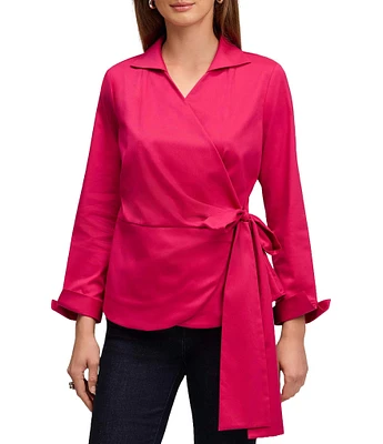 Foxcroft Salina Stretch Solid Collared Long Sleeve Wrap Top