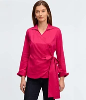 Foxcroft Salina Stretch Solid Collared Long Sleeve Wrap Top