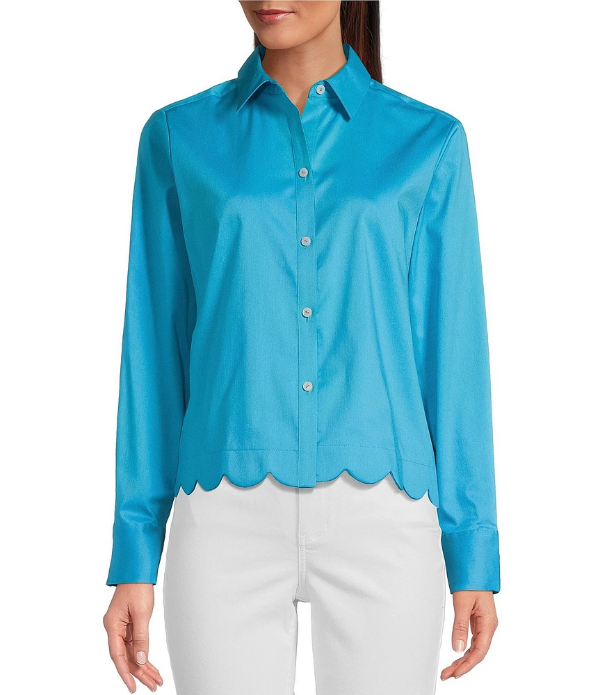 Foxcroft Scarlett Long Sleeve Scallop Hem Button Front Shirt