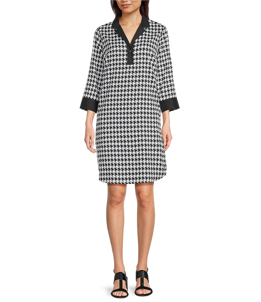 Foxcroft Sloane Cotton Sateen Houndstooth Wrinkle Free Notch Collar 3/4 Barrel Cuff Sleeve Shift Dress