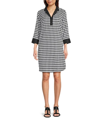 Foxcroft Sloane Cotton Sateen Houndstooth Wrinkle Free Notch Collar 3/4 Barrel Cuff Sleeve Shift Dress