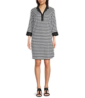 Foxcroft Sloane Cotton Sateen Houndstooth Wrinkle Free Notch Collar 3/4 Barrel Cuff Sleeve Shift Dress
