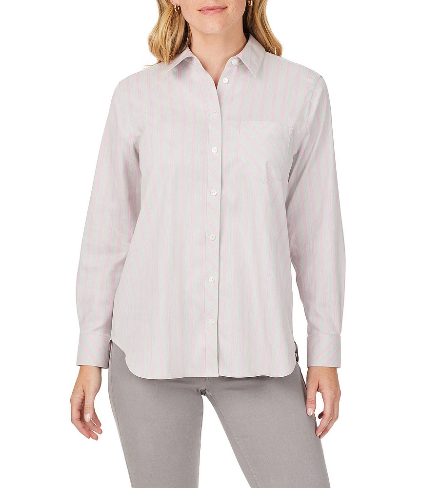 Foxcroft Stripe Print Point Collar Long Sleeve Button Front Stretch Cotton Boyfriend Shirt