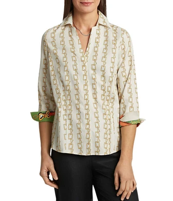 Foxcroft Taylor Chain Stripe Print Point Collar 3/4 Sleeve Contrast Cuff Shirt