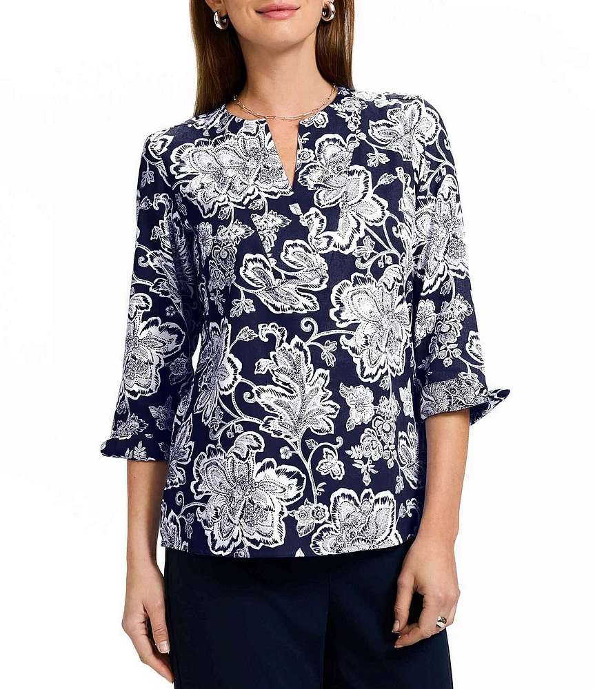 Foxcroft Vena Wrinkle-Free Floral Cotton Sateen Split V-Neck 3/4 Sleeve Button-Front Shirt