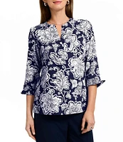 Foxcroft Vena Wrinkle-Free Floral Cotton Sateen Split V-Neck 3/4 Sleeve Button-Front Shirt