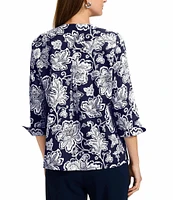 Foxcroft Vena Wrinkle-Free Floral Cotton Sateen Split V-Neck 3/4 Sleeve Button-Front Shirt