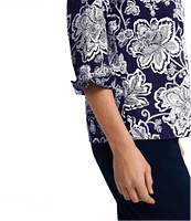 Foxcroft Vena Wrinkle-Free Floral Cotton Sateen Split V-Neck 3/4 Sleeve Button-Front Shirt
