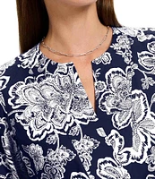 Foxcroft Vena Wrinkle-Free Floral Cotton Sateen Split V-Neck 3/4 Sleeve Button-Front Shirt