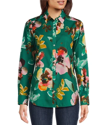 Foxcroft Zoey Watercolor Floral Point Collar Long Sleeve Shirt