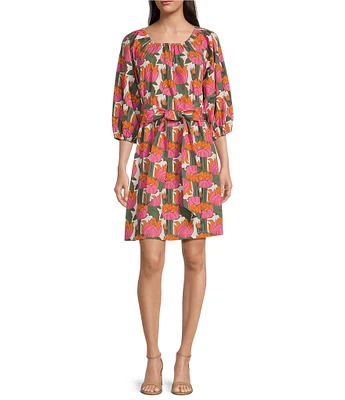 FRANCES VALENTINE Bliss Cotton Poplin Fireflower Print Scoop Neck 3/4 Sleeve Dress