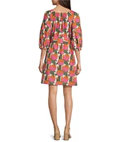 FRANCES VALENTINE Bliss Cotton Poplin Fireflower Print Scoop Neck 3/4 Sleeve Dress