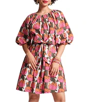 FRANCES VALENTINE Bliss Cotton Poplin Fireflower Print Scoop Neck 3/4 Sleeve Dress